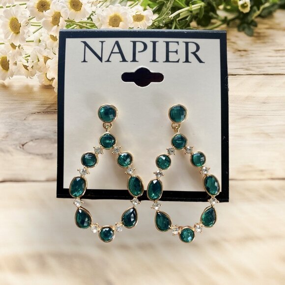 Napier 1 5/8" Gold Tone/Green/Rhinestone Teardrop Earrings-NWT - Picture 1 of 1
